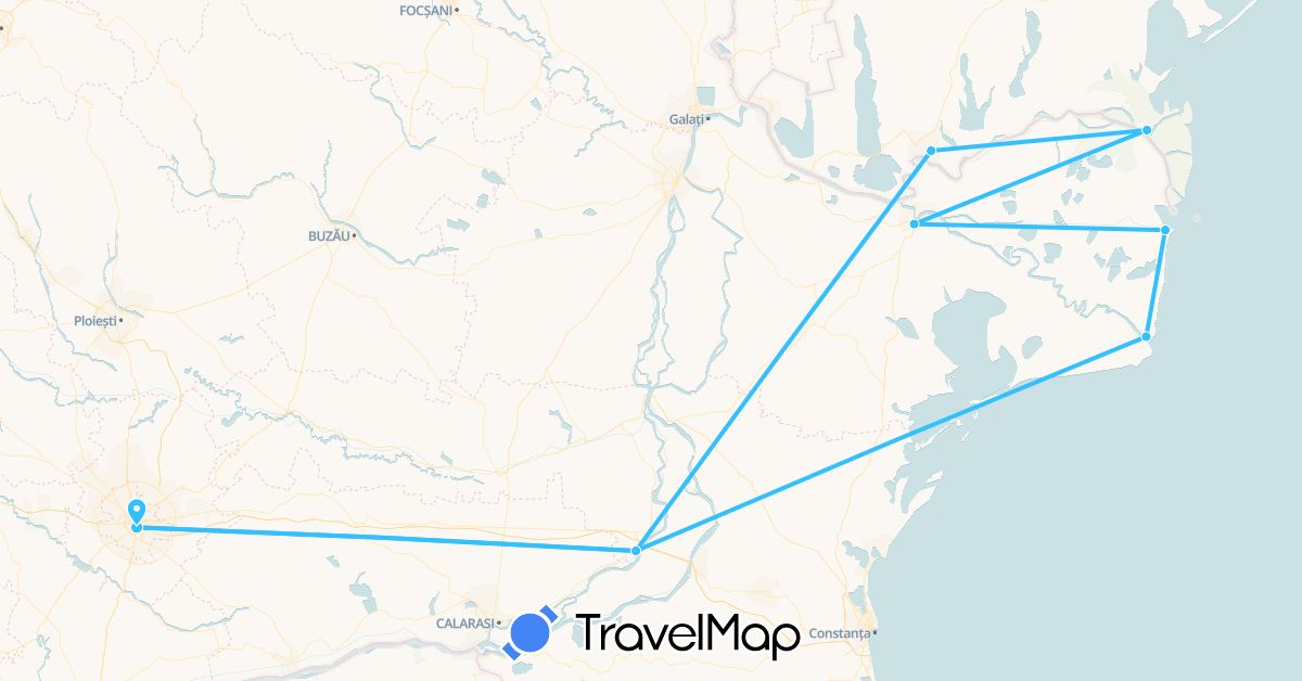 TravelMap itinerary: driving, boat in Romania, Ukraine (Europe)